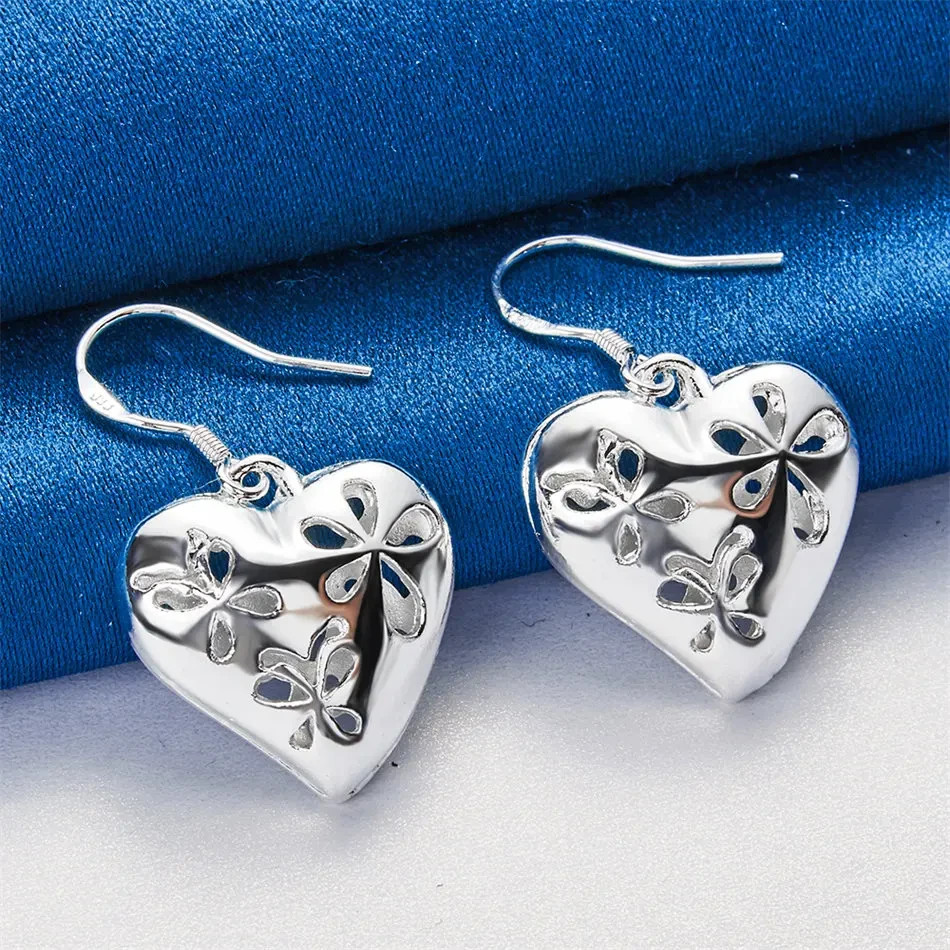 Sterling Silver Filigree Heart Dangle Hook Earrings Hand Polished Women Gift