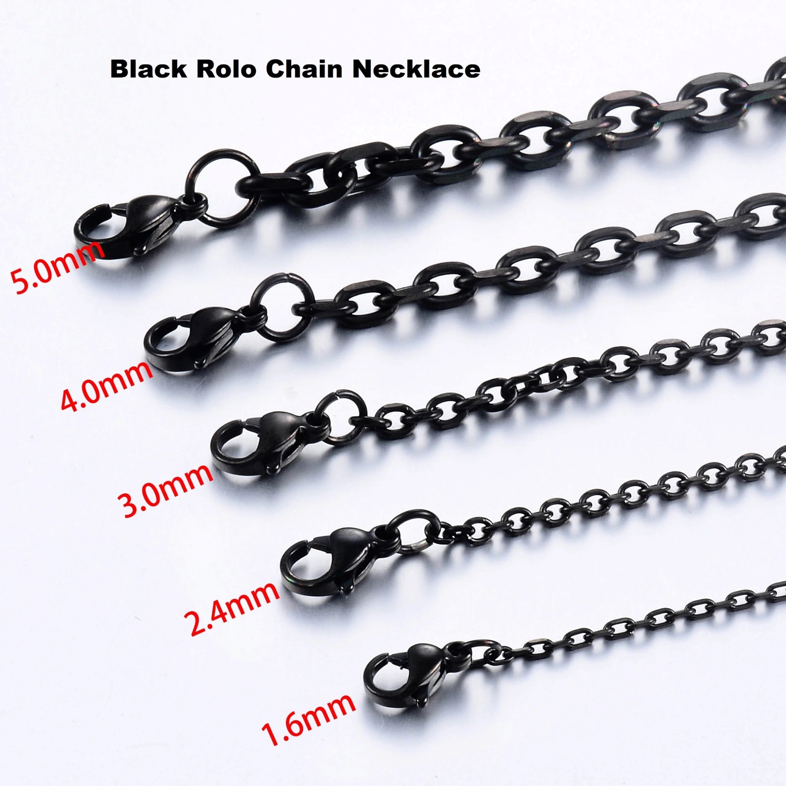 Chain Necklace Wheat stainless steel Black for men&women, 16/ 30 in, 3/4/5/6/7mm