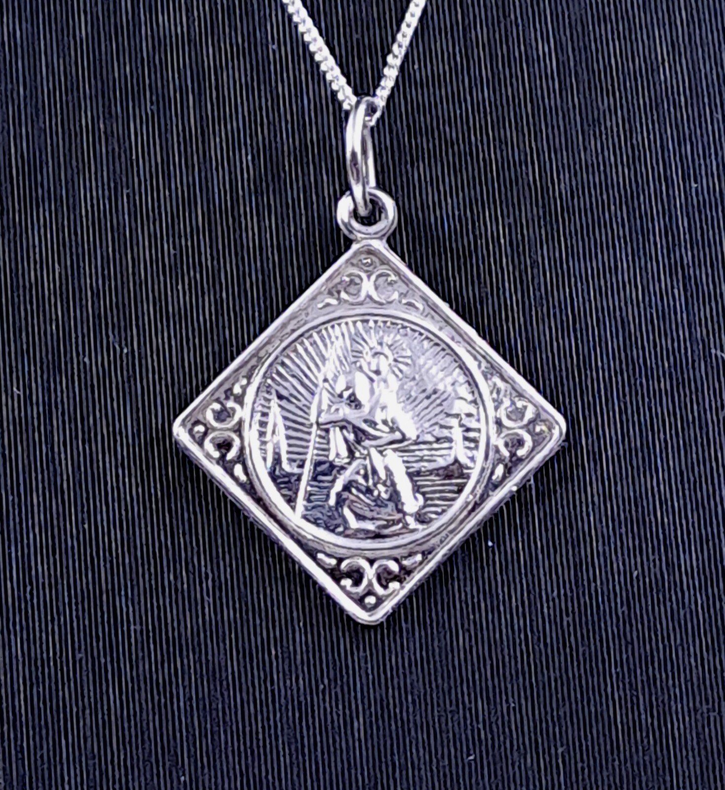 Necklace 925 Sterling Silver St Christopher Pendant Offset Square 40cm 16 inches