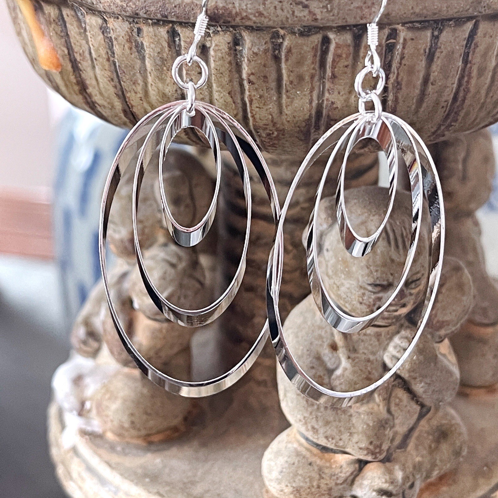 Sterling Silver Triple Loop Dangle Earrings On French Wire