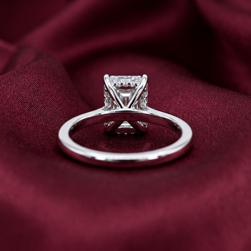 Off White Emerald Moissanite Ring Hidden Halo with Side Accents for Women