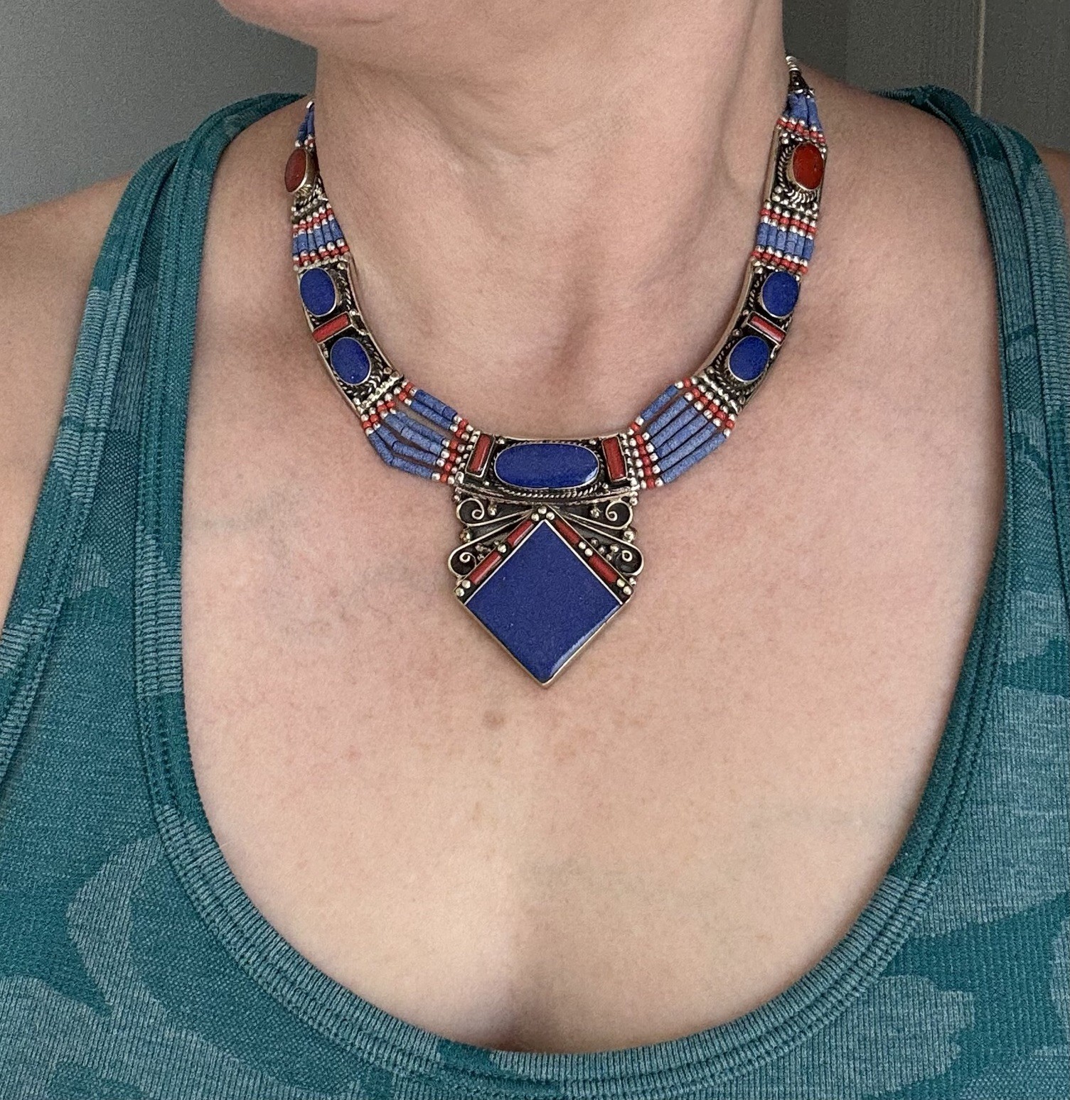 USA Seller Tibetan Style Ornate Tibetan Silver lapis & Coral Necklace