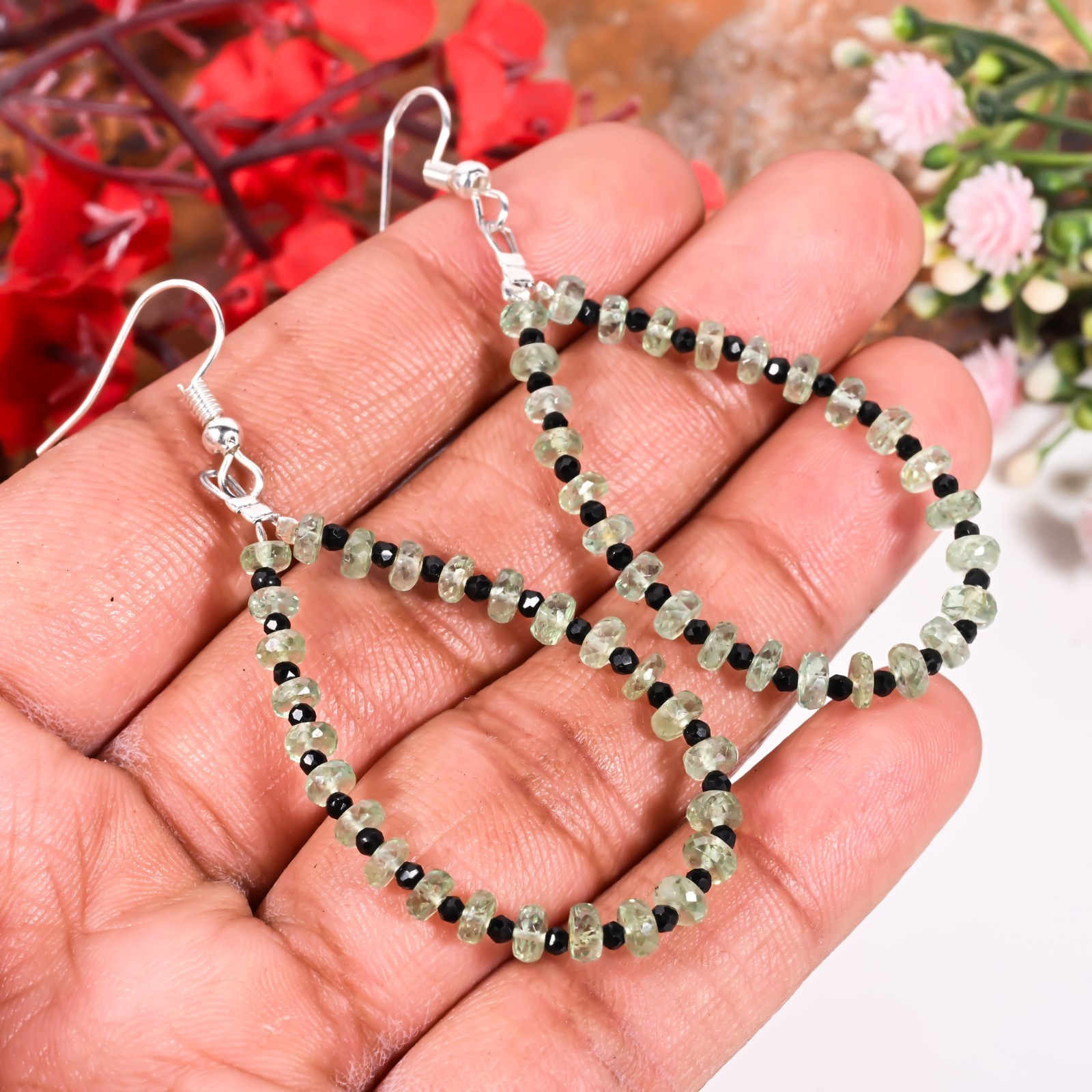 Mint Green Kyanite Dangle Earrings Black Spinel Faceted Handmade