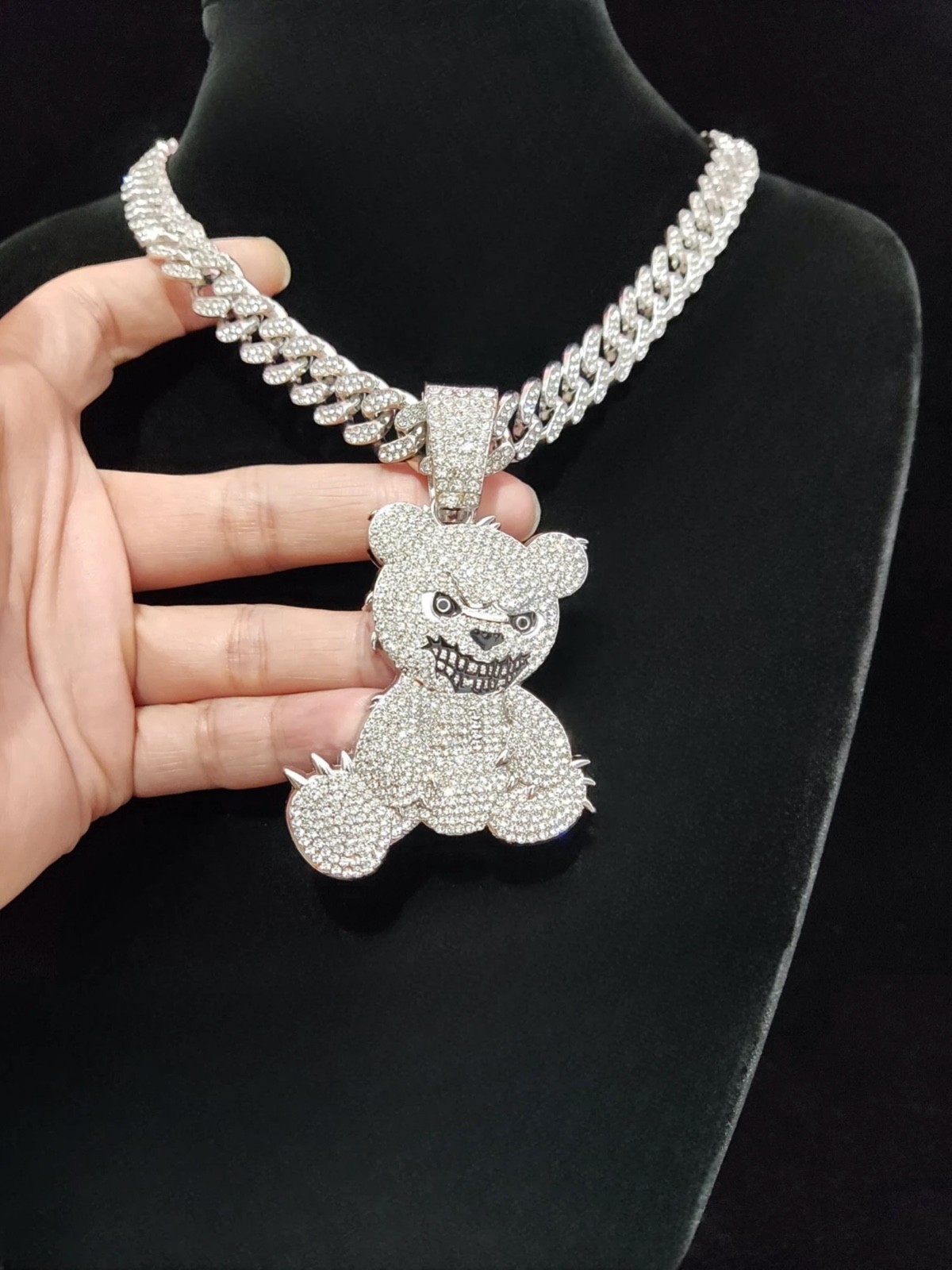 Iced Out Evil Bear Hip Hop Pendant Necklace Cuban Link Chain Bling Silver Gold