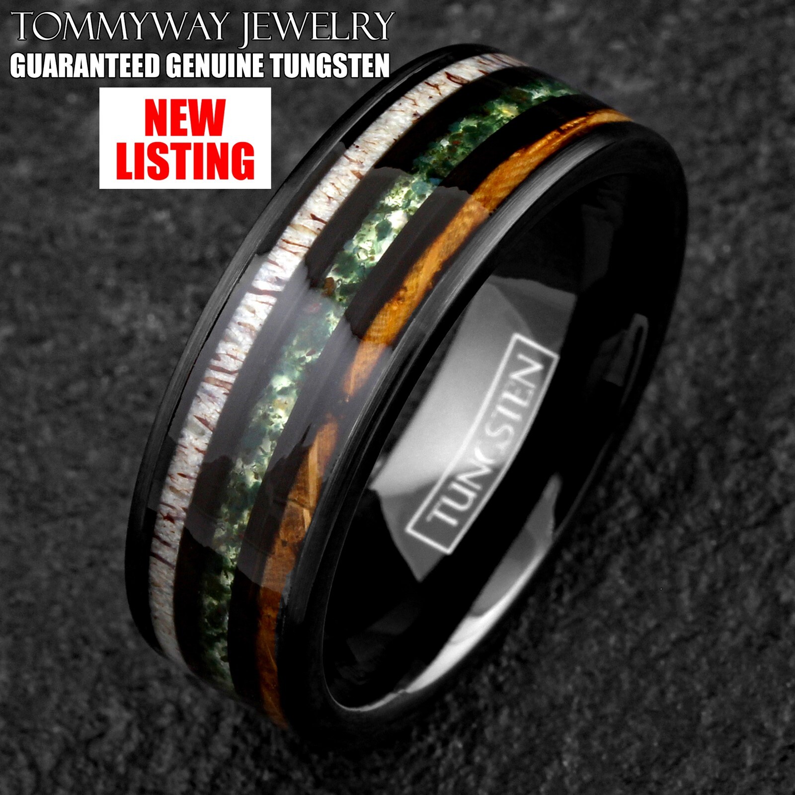 Black Tungsten Carbide Moss Agate Deer Antler Whiskey Barrel Band Ring