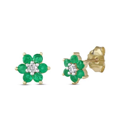 Natural Emerald & Diamond Floral Stud Earrings For Wife Gift 14k Yellow Gold
