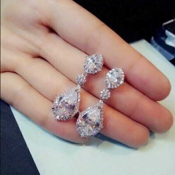 6Ct Pear Simulated Diamond Women Drop/Dangle/Hoop Earrings 925 Silver