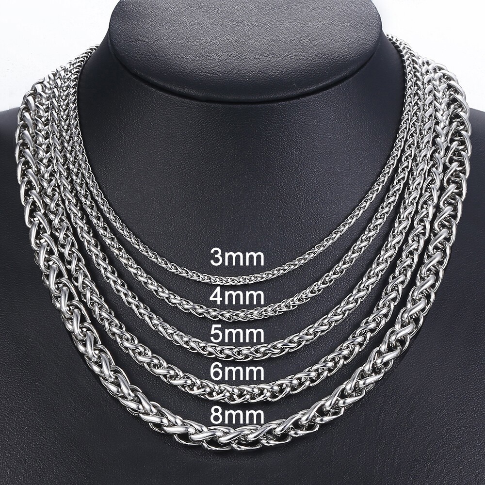 USA 4mm 28in Braided Wheat Chain Silver 316L Stainless Steel Men Women Necklace