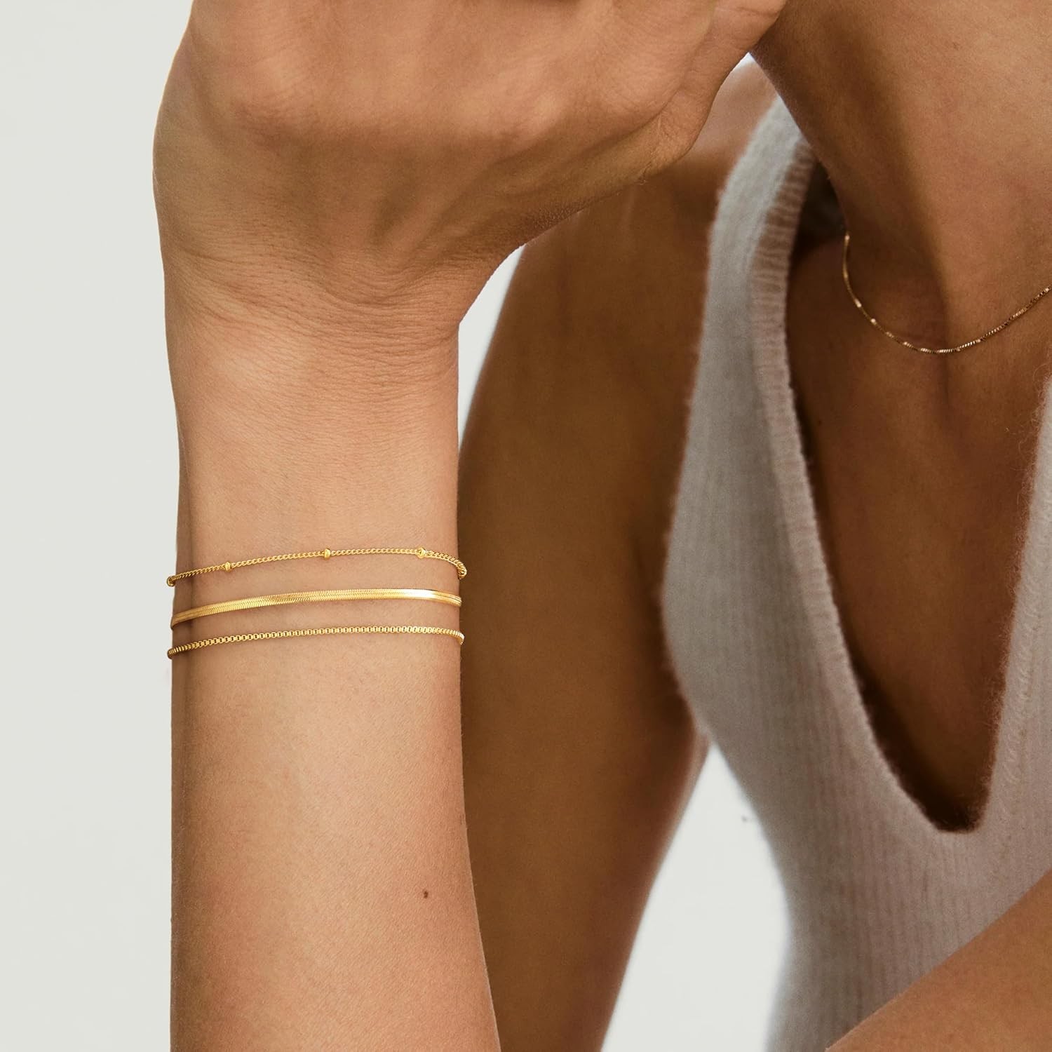 Thin Dainty Gold Bracelet for Women Stack, 14K Gold Plated Bracelet Stackable Se