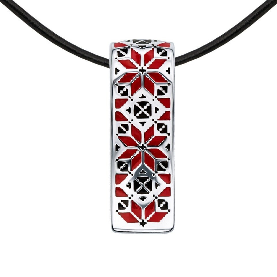 Embroidery Style Sterling Silver Pendant, BlackRed Enamels Rhodium Plated 1″