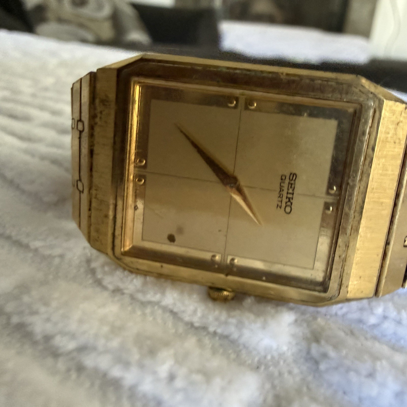 Seiko Quartz Rectangular Dress Watch Gold Dial Stick, Gold/Silver Bracelet