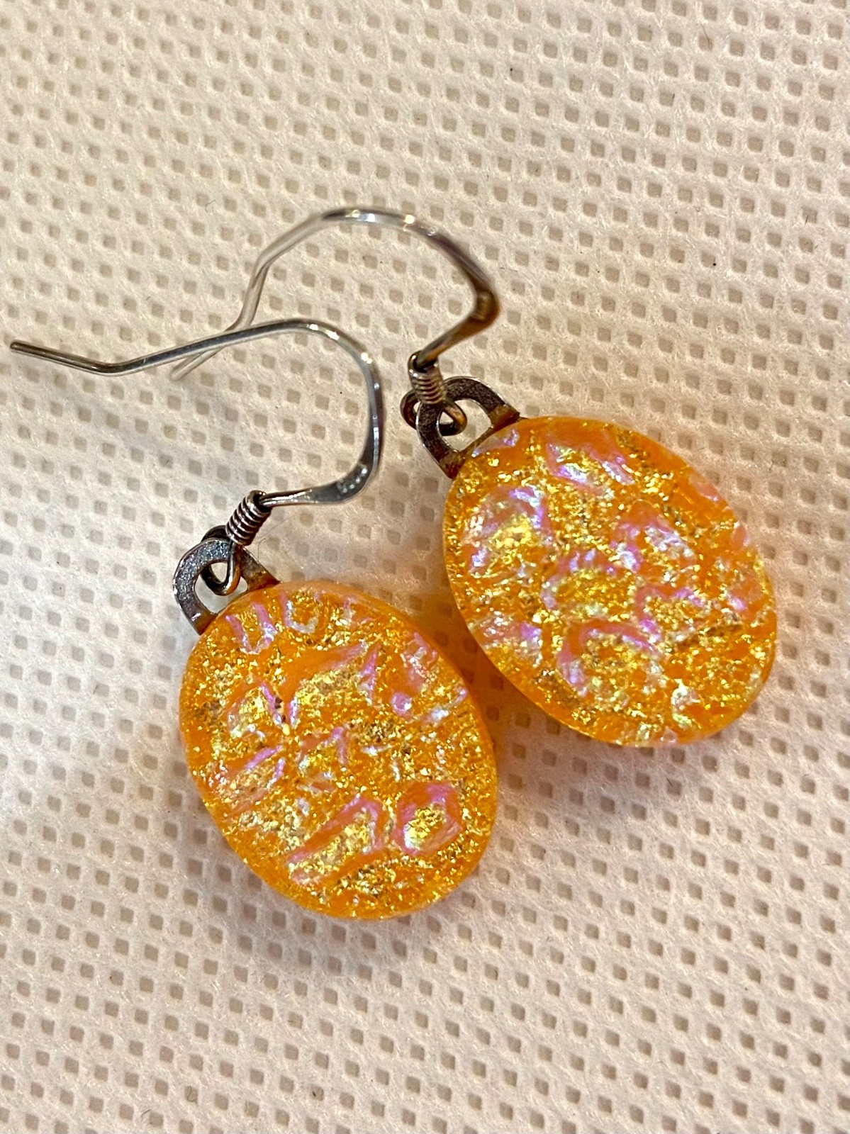 Orange Fused Dichroic Art Glass Dangle Earrings – Sterling Silver Ear Wires