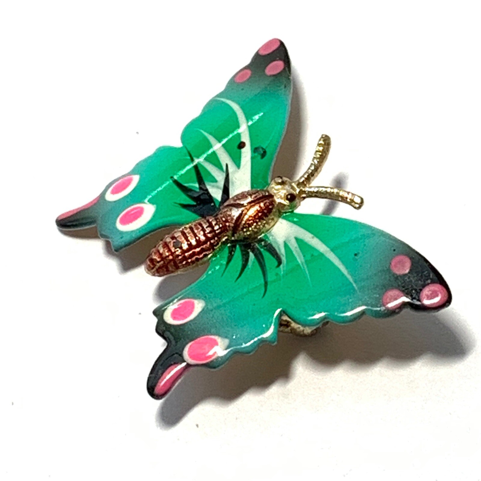 VINTAGE KOREA Green Enamel BUTTERFLY PIN Gold Tone Pink Black Spots 1.5″