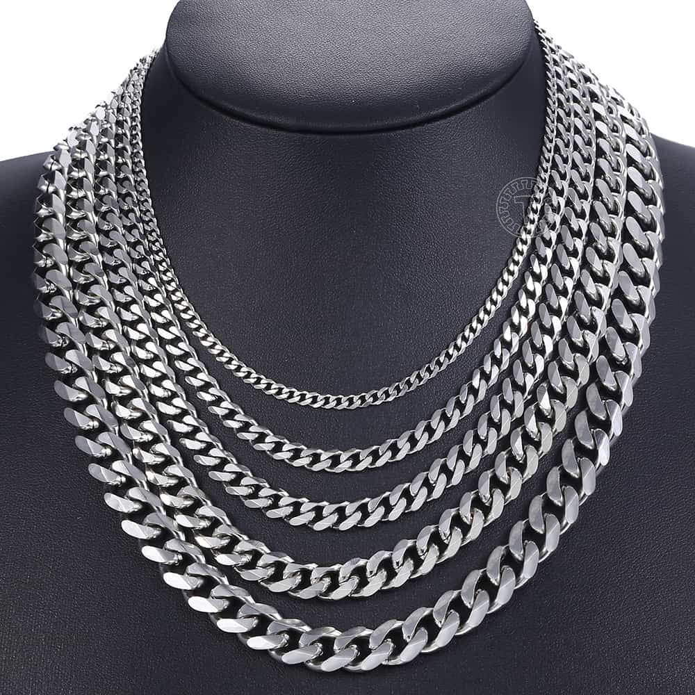 3/5/7/9/11MM Mens Chain Stainless Steel Silver Curb Cuban Necklace Choker 16-36″