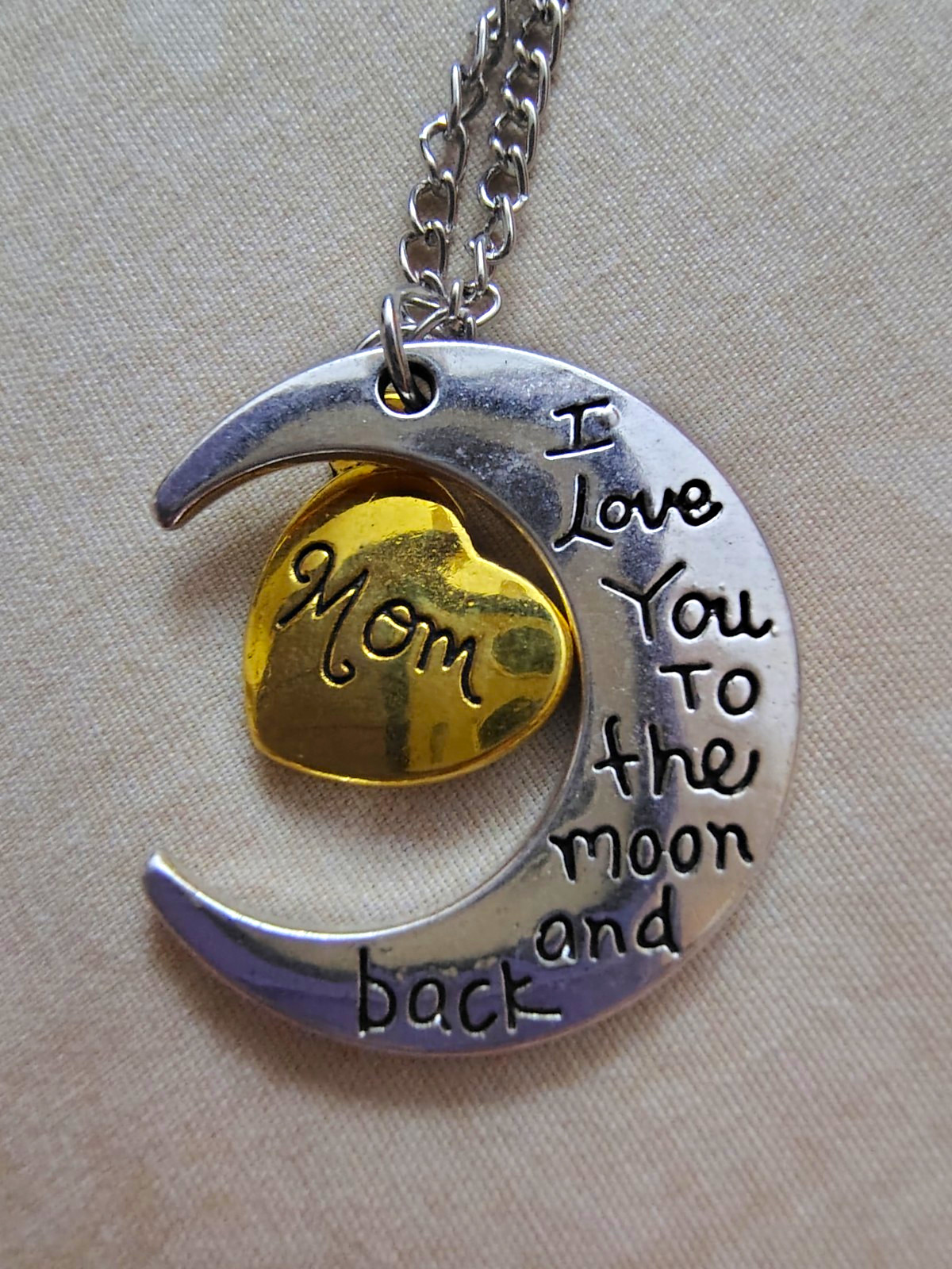 Engraved Moon & Heart Charm Pendant Necklace Metal Cable Chain 12in No Stone