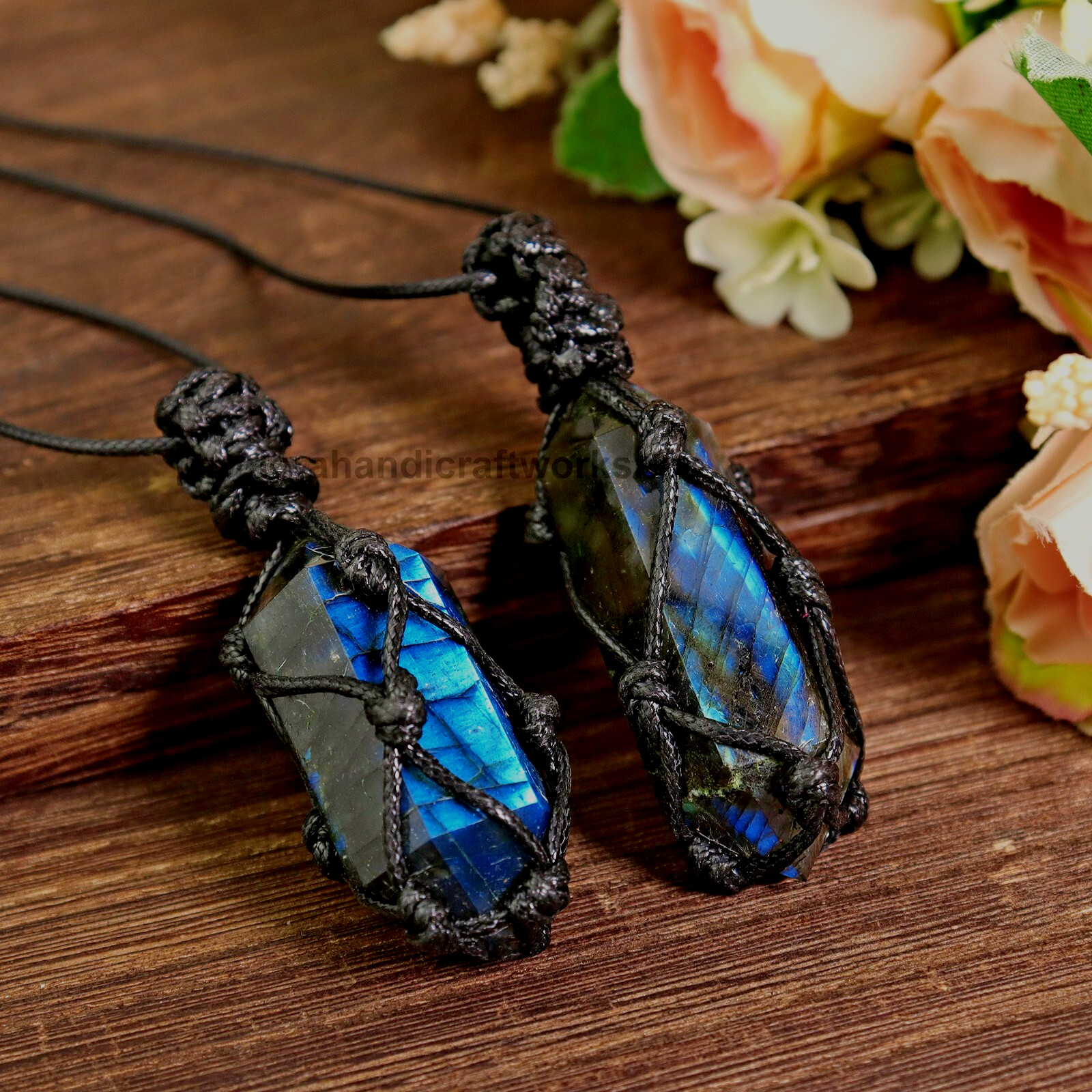 Natural Labradorite Hexagonal Point Pendant Healing Amulet Wrap Necklace Gifts