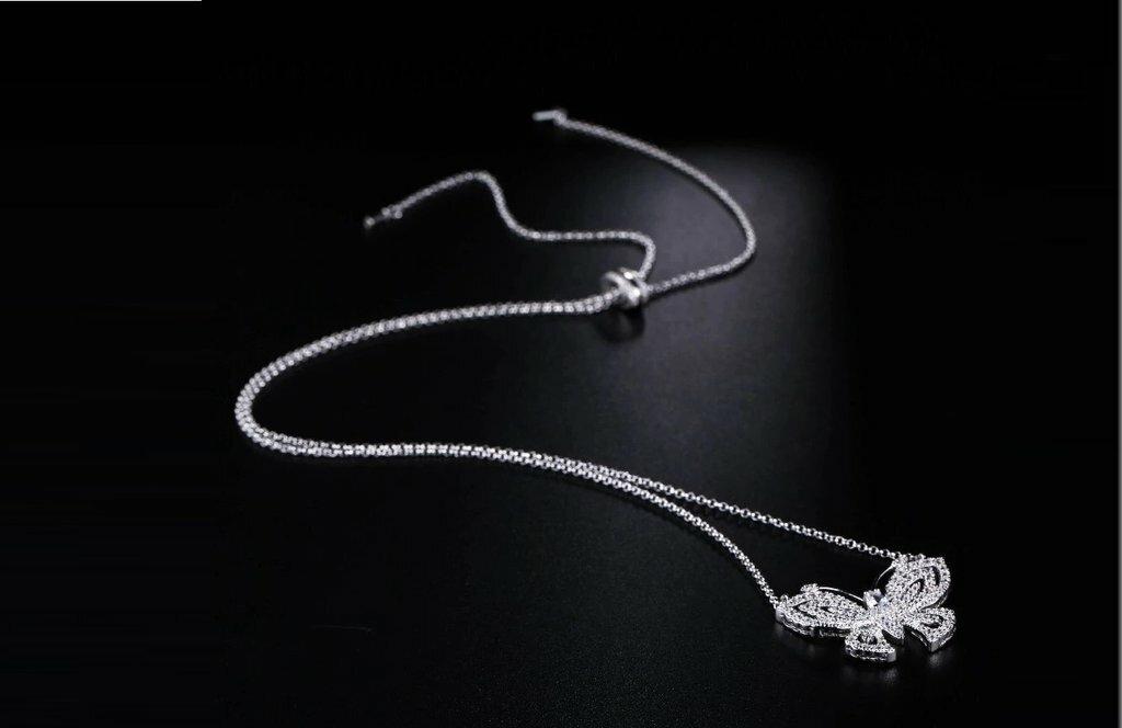 18K White Gold Plated Adjustable Crystal Butterfly Necklace Made With Swarovski
