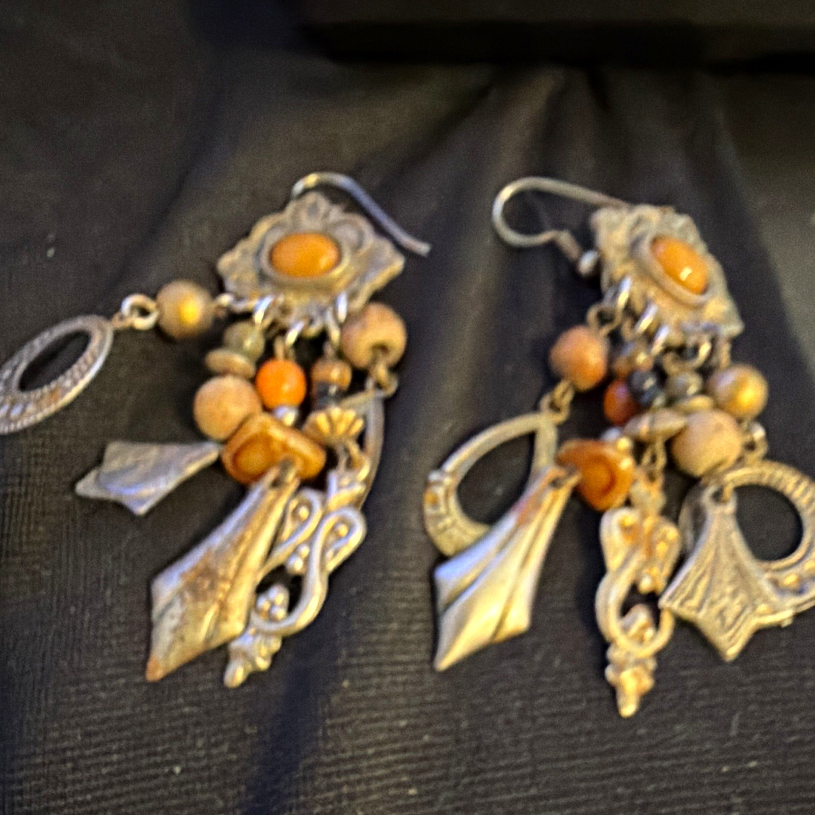 Silver Tone Bohemian Charm Dangle Drop Hook Earrings with Brown Orange Beads
