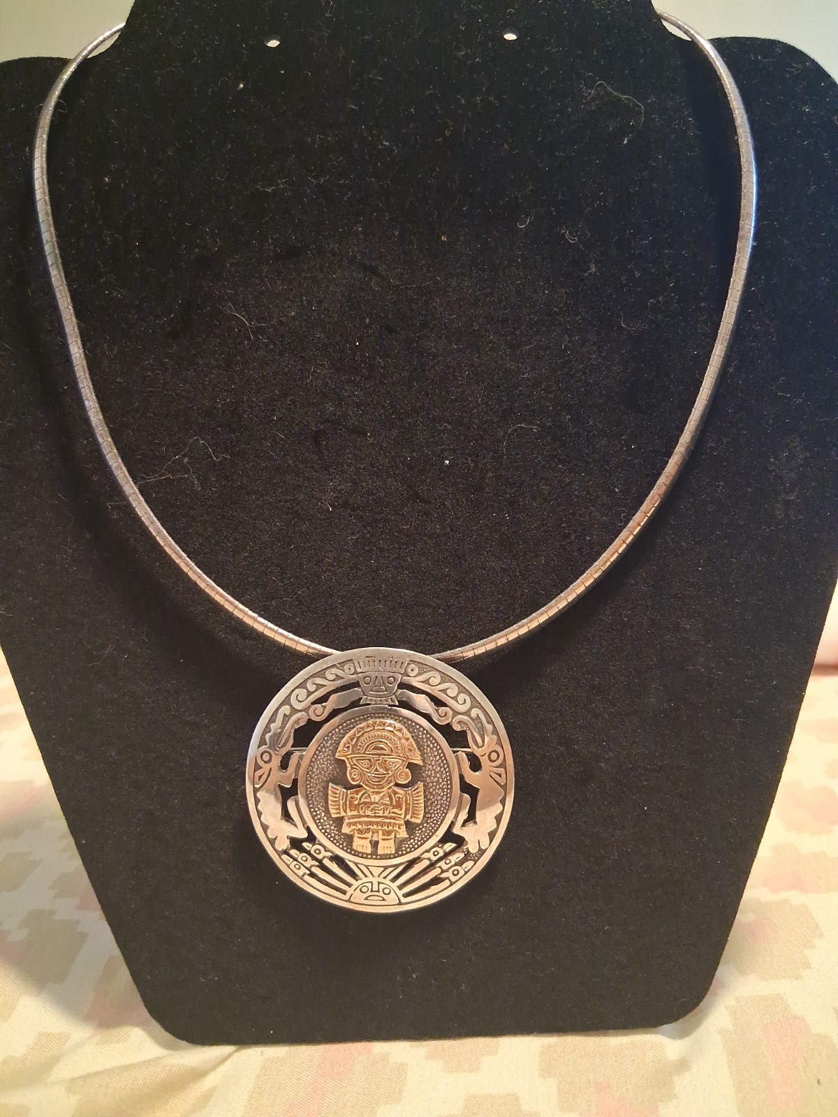 Vintage Peru Native INCA Sterling Silver And 18k Gold Brooch/Pendant Necklace