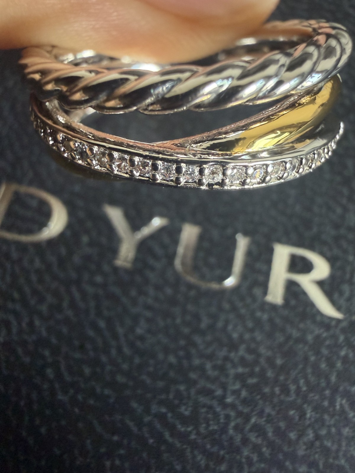 David Yurman 7mm Crossover Three Row Ring Silver with 18K Gold W/Diamonds Size 7