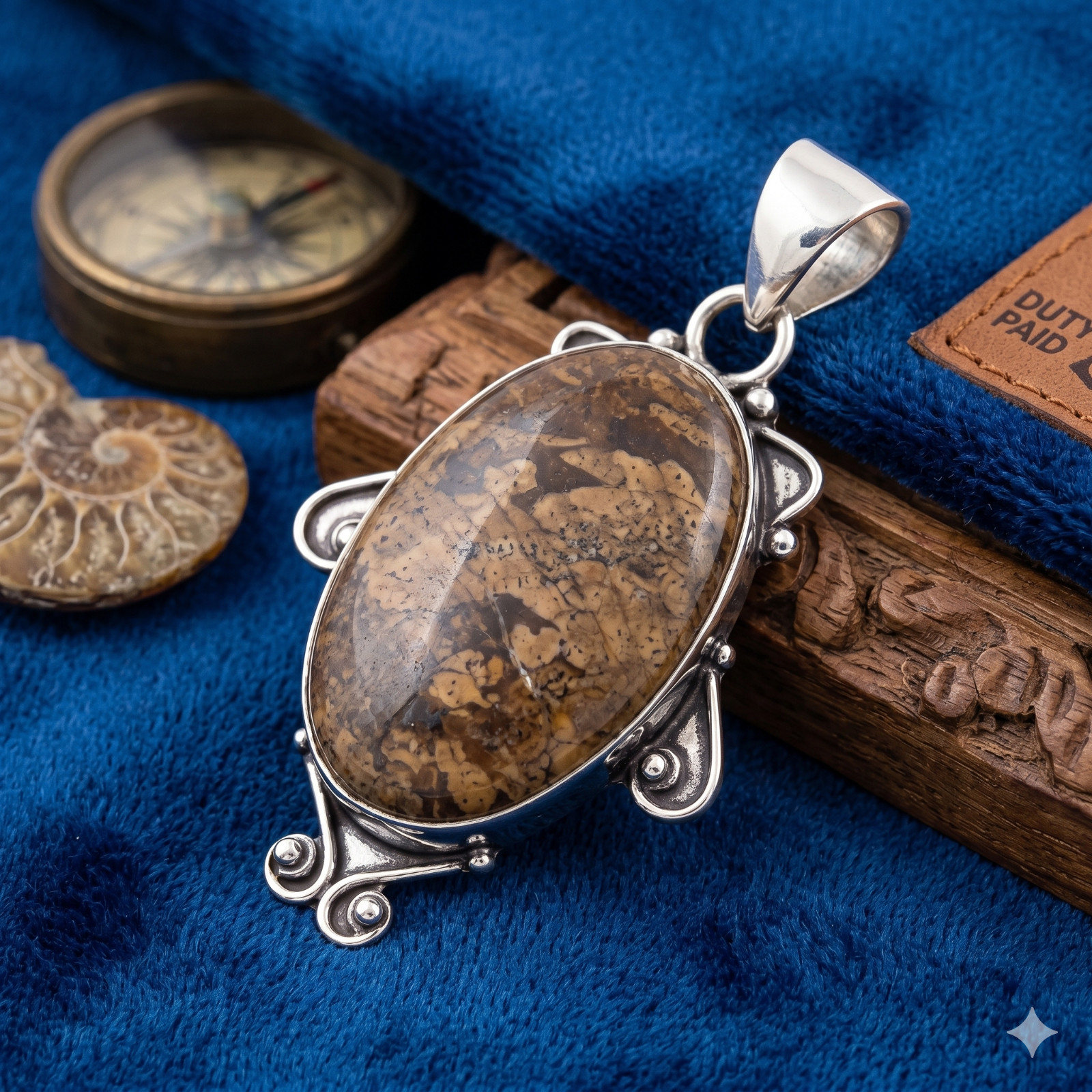 Sterling Silver Natural WOOD JASPER Elegant Channel Set Sister Pendant Jewelry