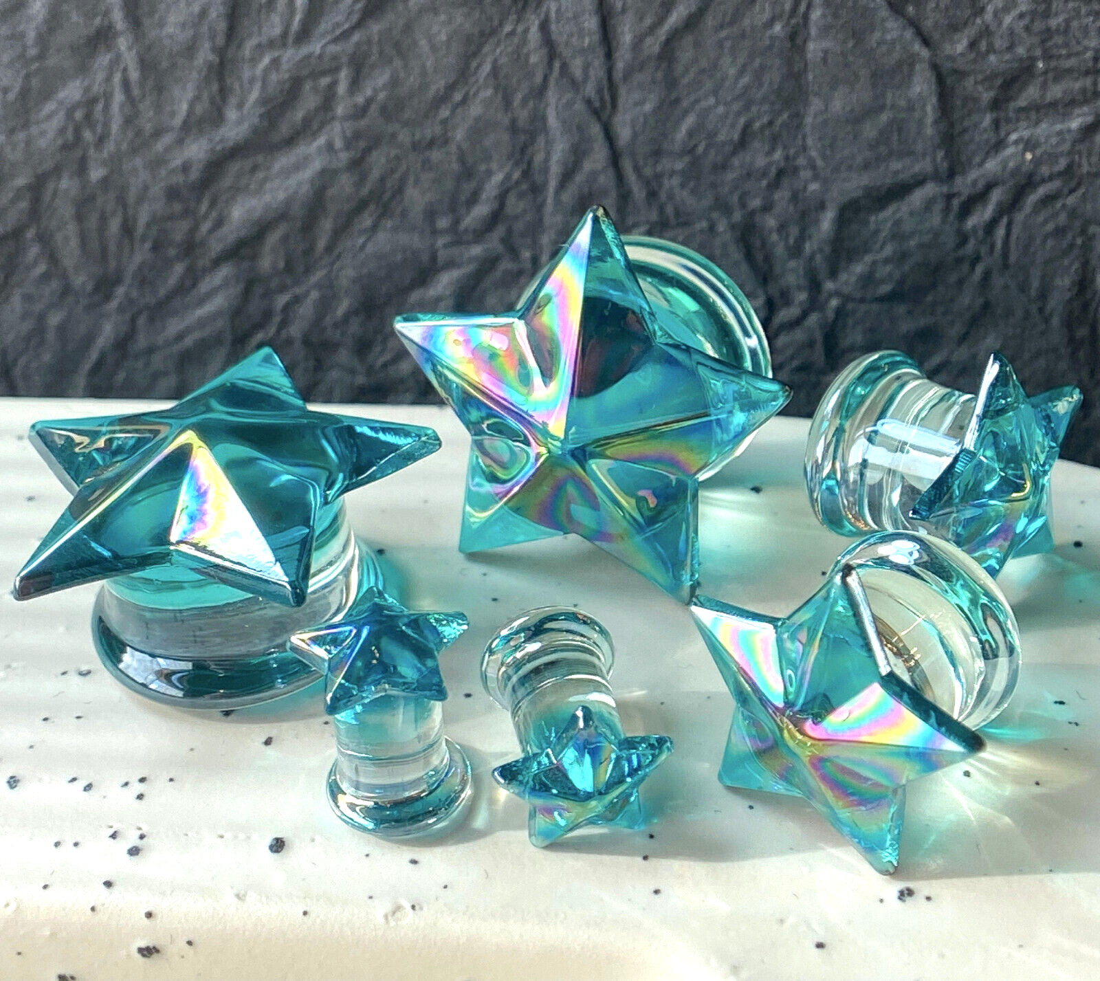 PAIR Glass Plugs Aqua Star Double Flare Gauges Tunnels Piercing Body Jewelry