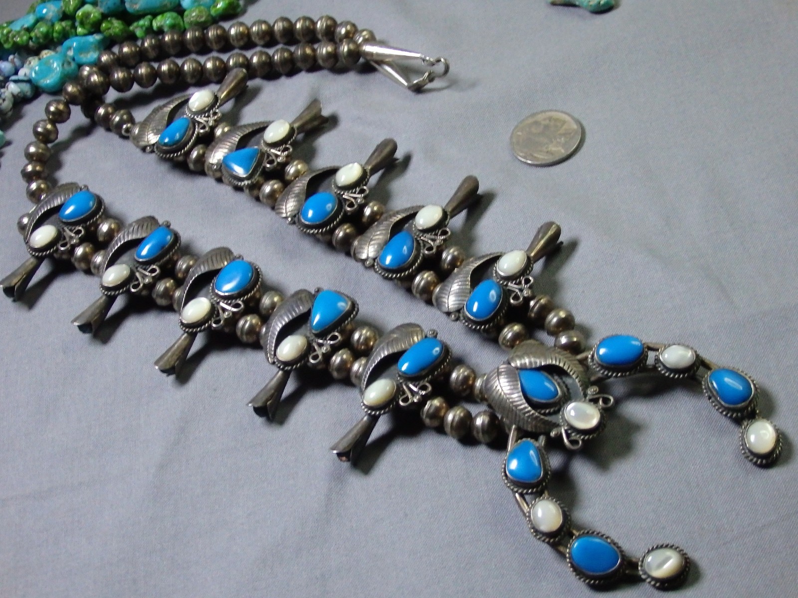 NAVAJO Shell SLEEPING BEAUTY TURQUOISE Sterling Silver 28″ SQUASH BLOSSOM Chain