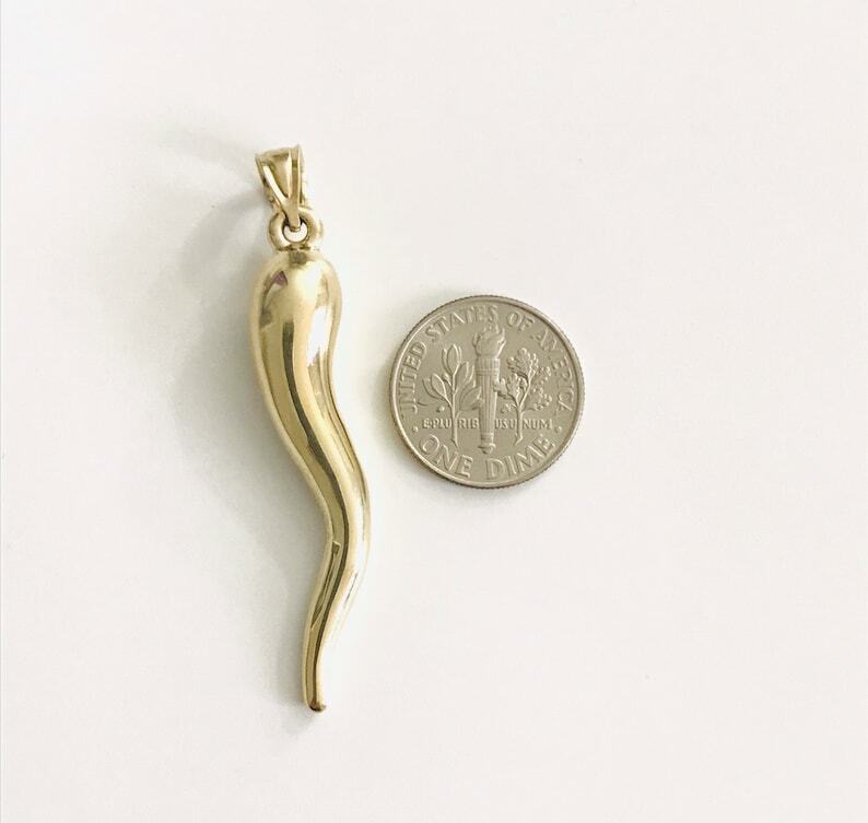 14K REAL GOLD ITALIAN HORN CORNICELLO CHARM 3D PENDANT 2″ LONG -14K6389