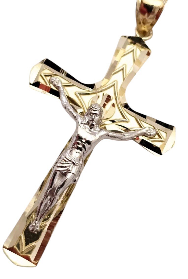 14k Real 2 Tone Solid Gold Jesus Crucifix Religious Traditional Cross Pendant