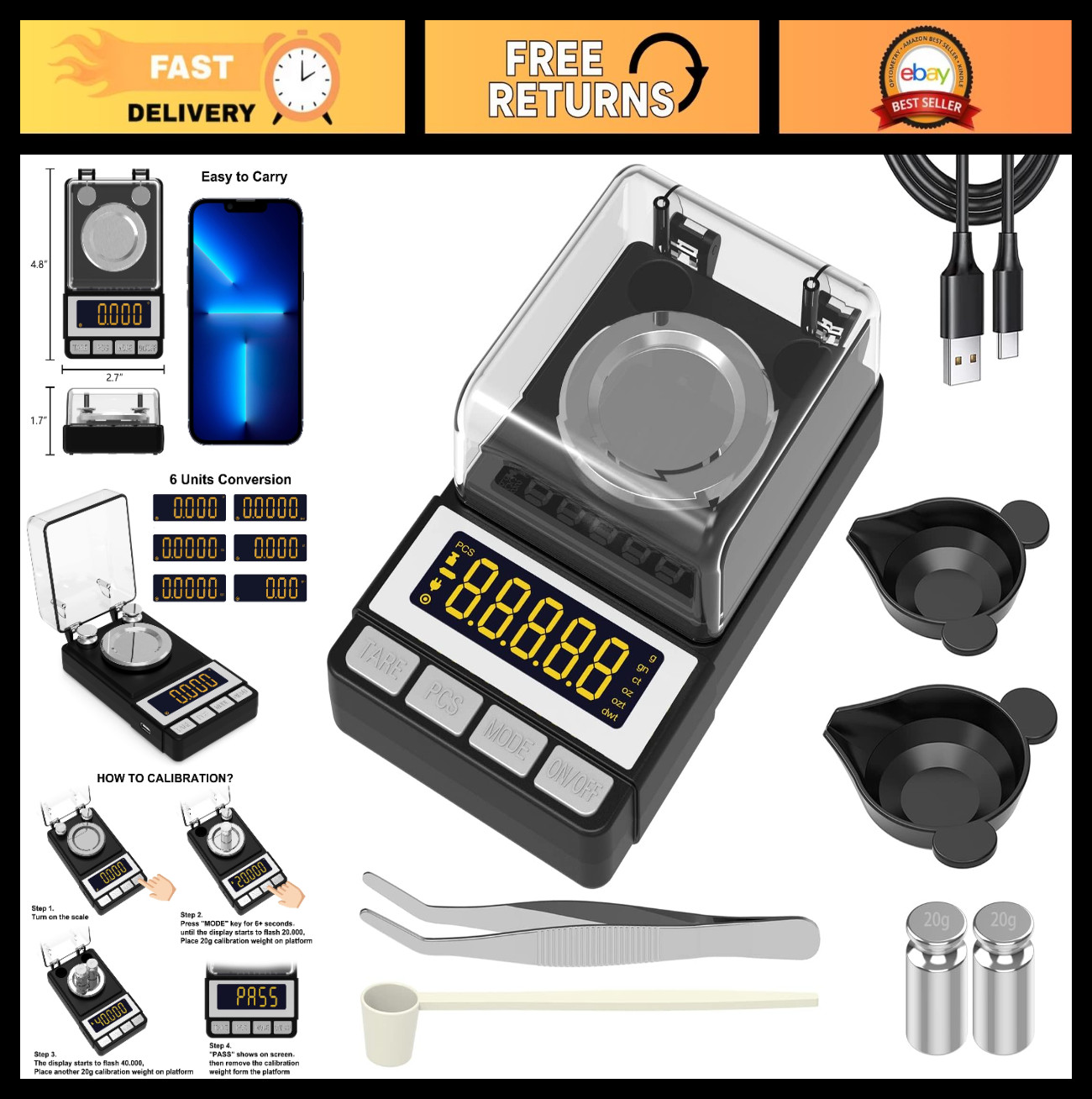 High Precision Milligram Scale 50g/0.001g, Reloading & Jewelry Scale, LCD Displa