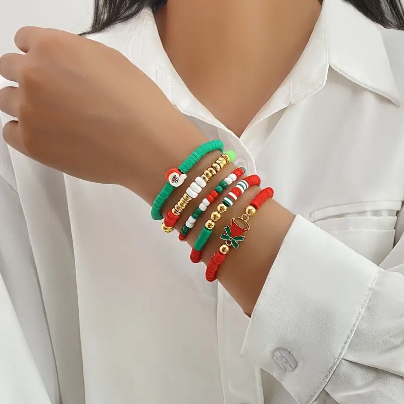 4 Sets Stackable Stretch Christmas Beaded Bracelets Holiday Party Gifts