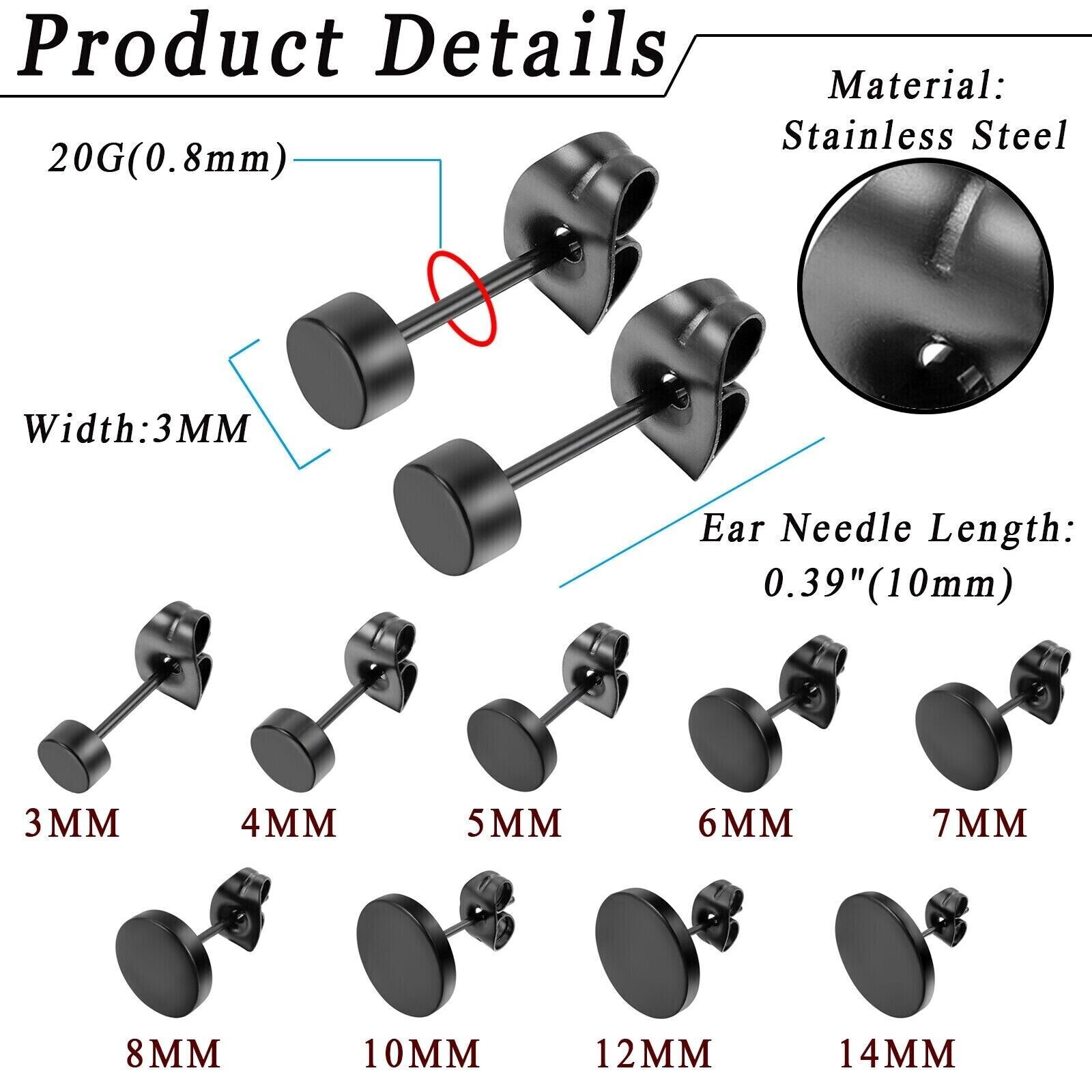 Black Stainless Steel Barbell Ear Studs Punk Rock Earrings 3-12mm mens women’s