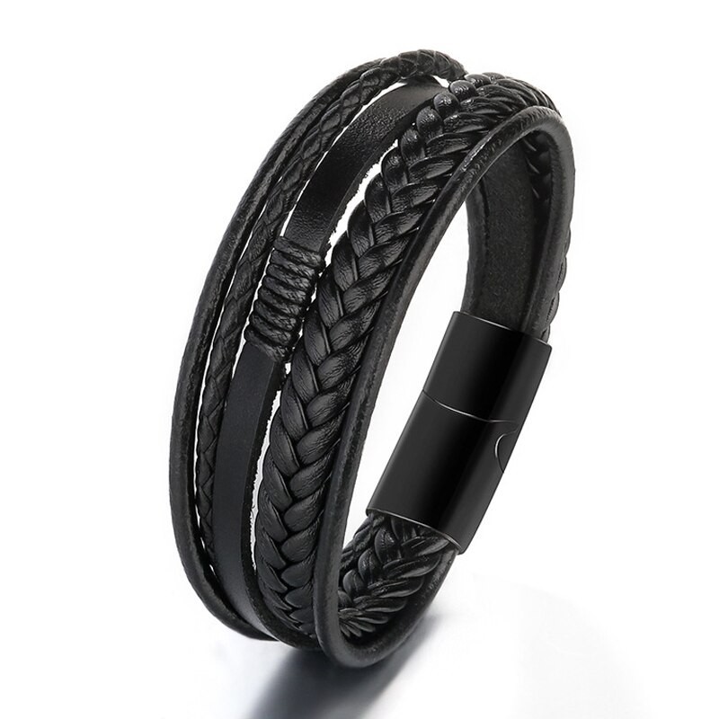 Men Genuine Leather Bracelet Multilayer Braided Rope Magnetic Wristband Black