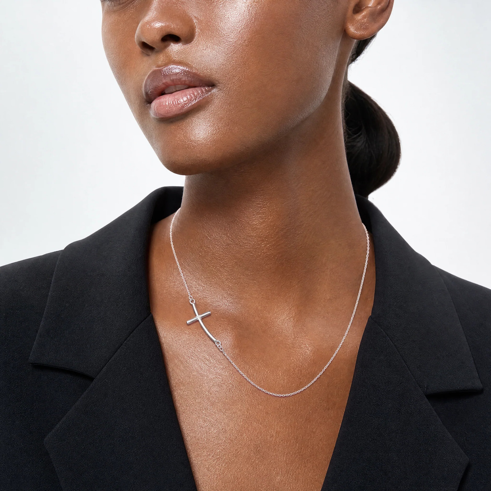 Sterling Silver Rh-Plated Large Off-Set Sideways Curved Cross Necklace