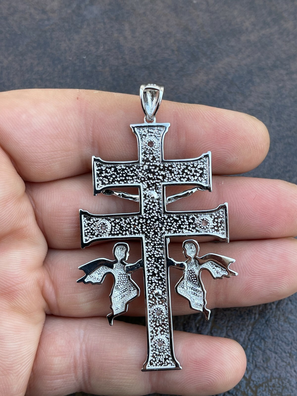 Real Solid Sterling 925 Silver Caravaca Cross Double Crucifix Mens LARGE 2.5″