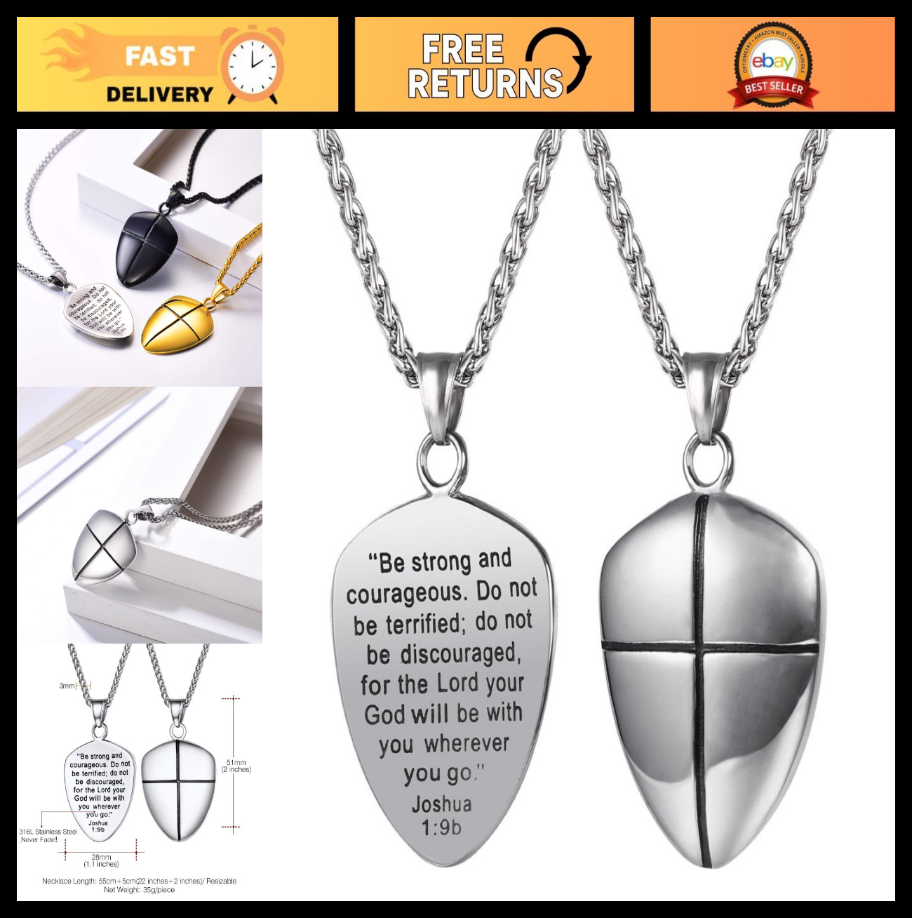 Shield of Faith Pendant Necklace – Stainless Steel Joshua 1:9 Amulet for Men & W