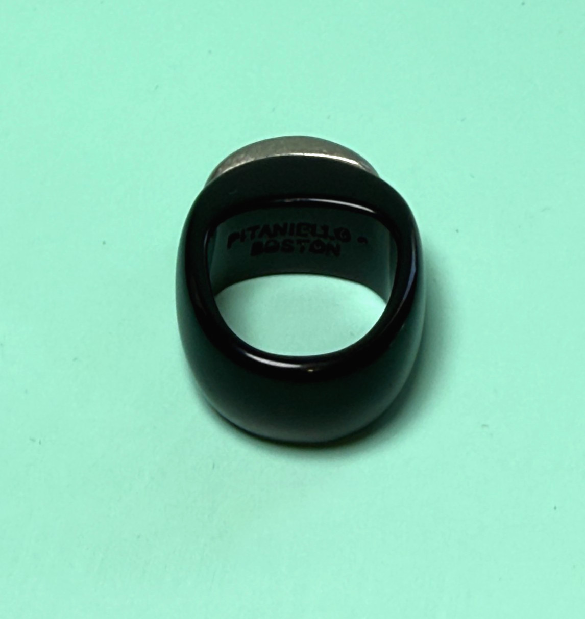 1990s Designer Signed Pitaniello Boston Black Lucite Pewter Ring Sz 5 Modernist