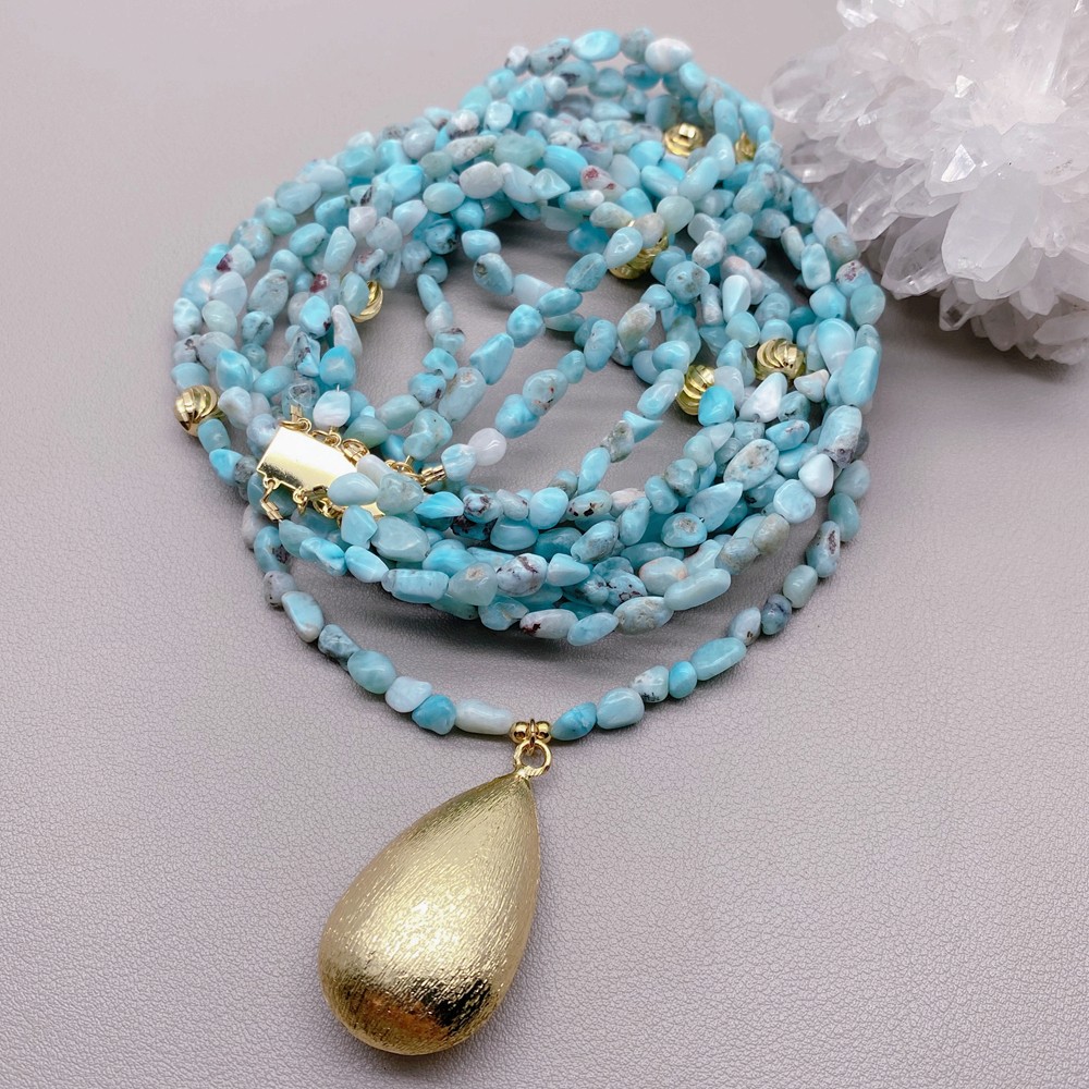 5 Strands Natural Blue Larimar Beads Teardrop Pendant Layered Necklace