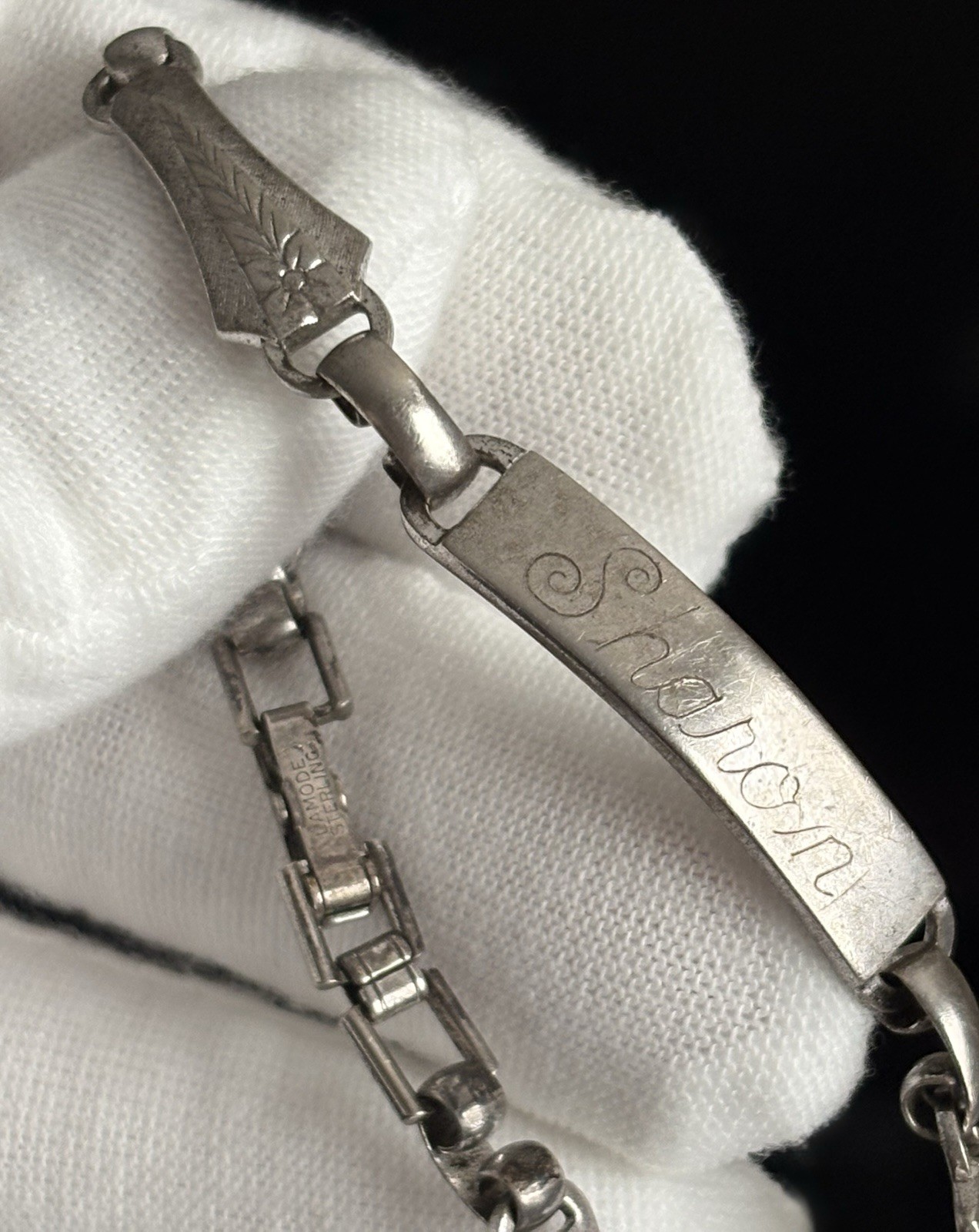 LA MODE Sterling Silver ID Bracelet 7” Floral Vintage Etched SHAROIN 13.58 Grams