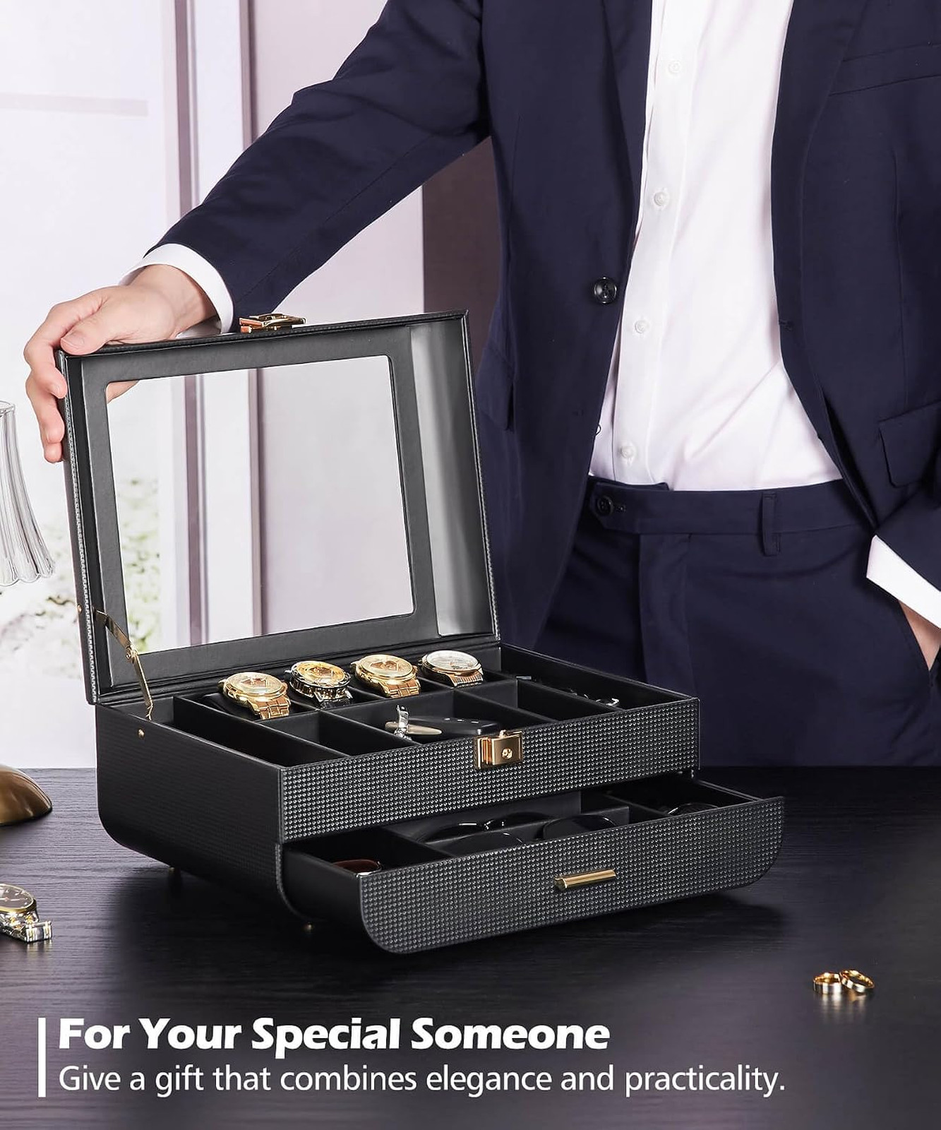 Lockable Men’s Watch Box with Glass Lid and Removable Pillows Large Organizer