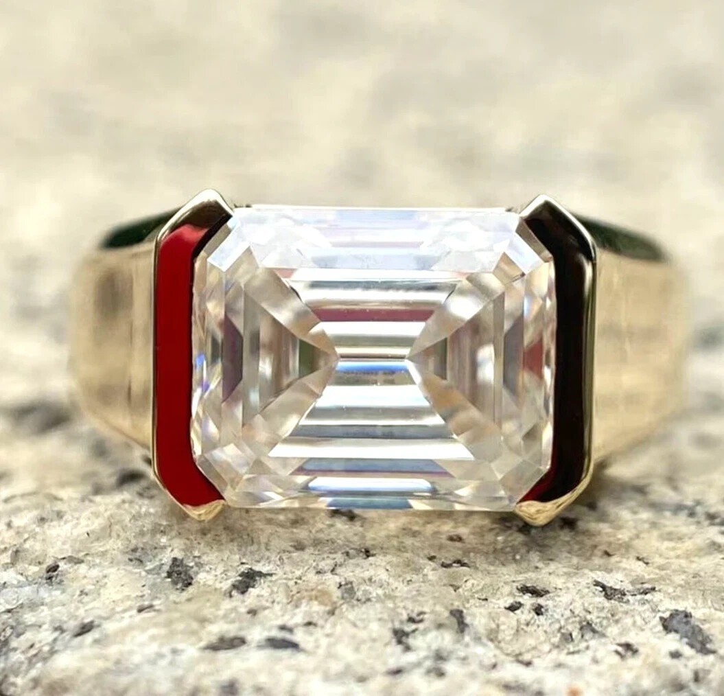 RARE 12 Ct Certified Emerald White Diamond Solitaire Ring In 925 Silver