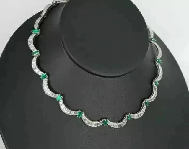 15CT Emerald Lab Created Emerald Women’s Tennis Necklace 14K White Gold Finish