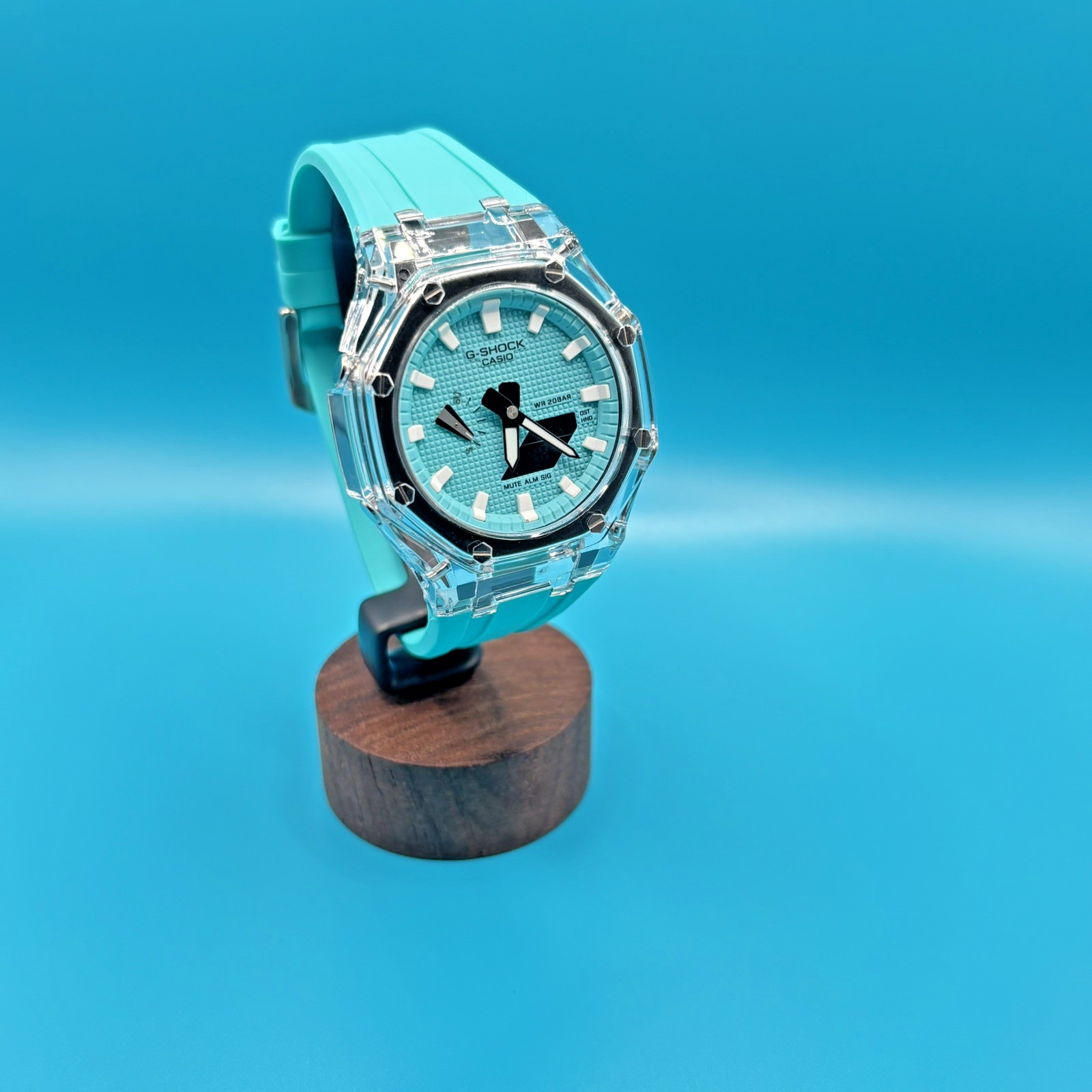 Custom GA-2100 Octagonal Watch Clear Case Sky Blue Dial Casio G-SHOCK Pool Blue