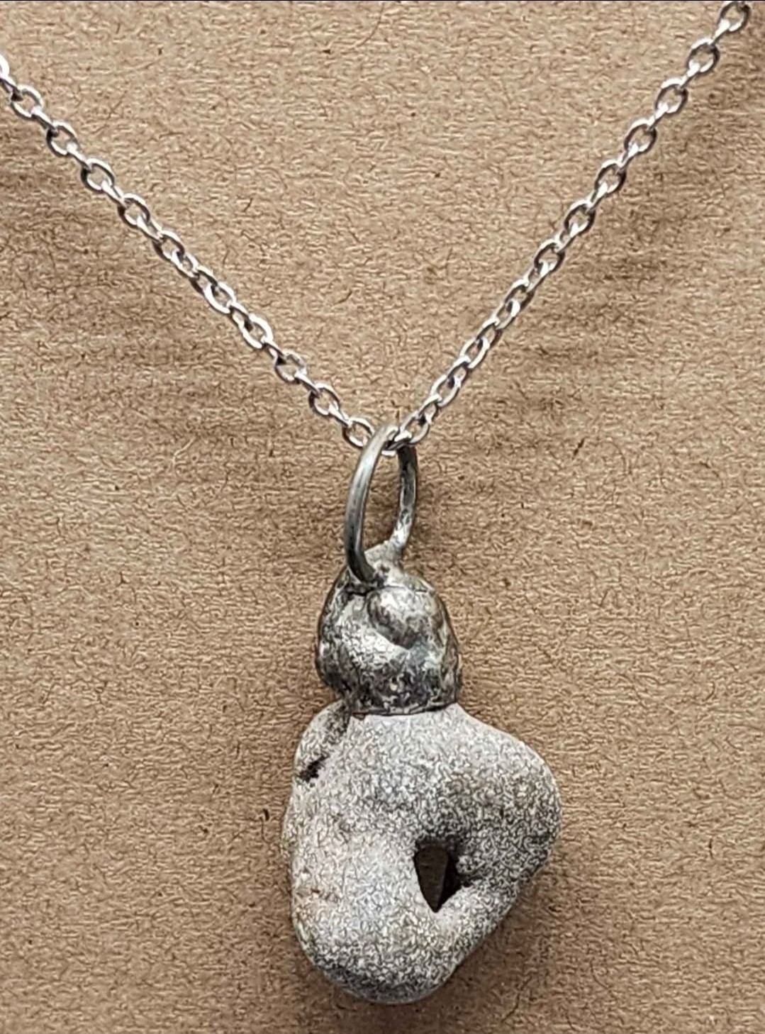 Handmade Natural Gray Hag Stone (Adder Stone) Amulet Pendant Cable Necklace