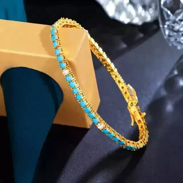 Tennis Bracelet 3mm Round Lab-Created Blue Turquoise and Diamond 14K Gold Plated