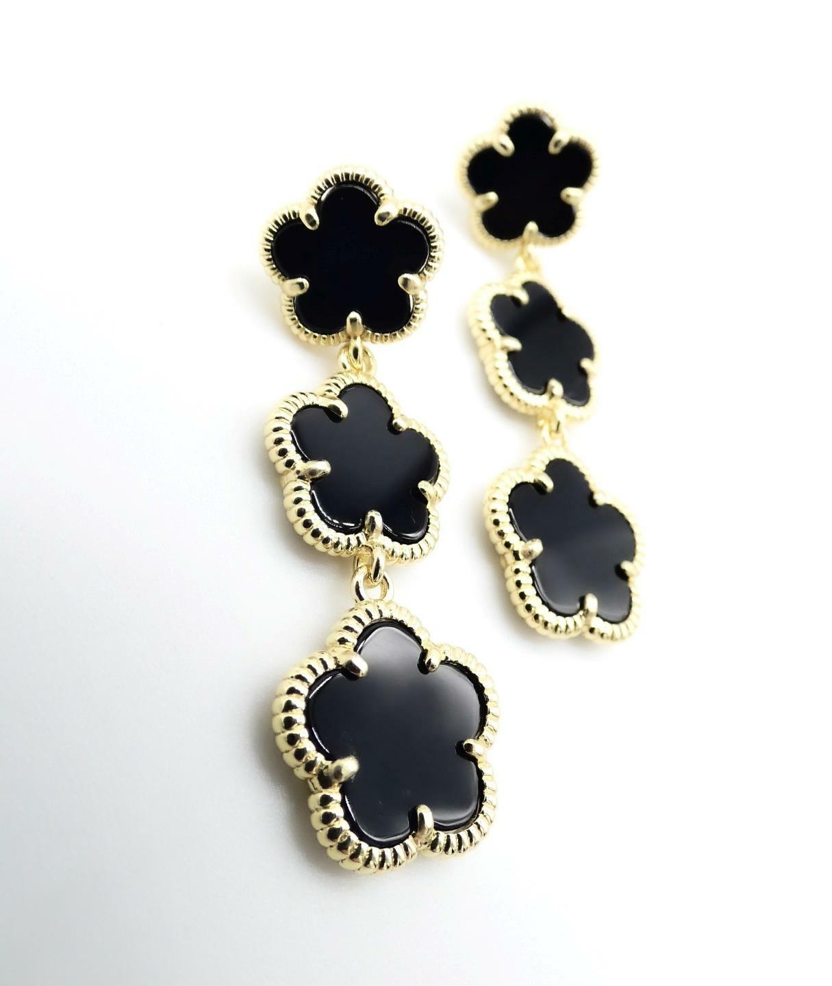 EXQUISITE Lightweight 18kt Gold Plated Triple Black Onyx 5 Petal Flower Earrings