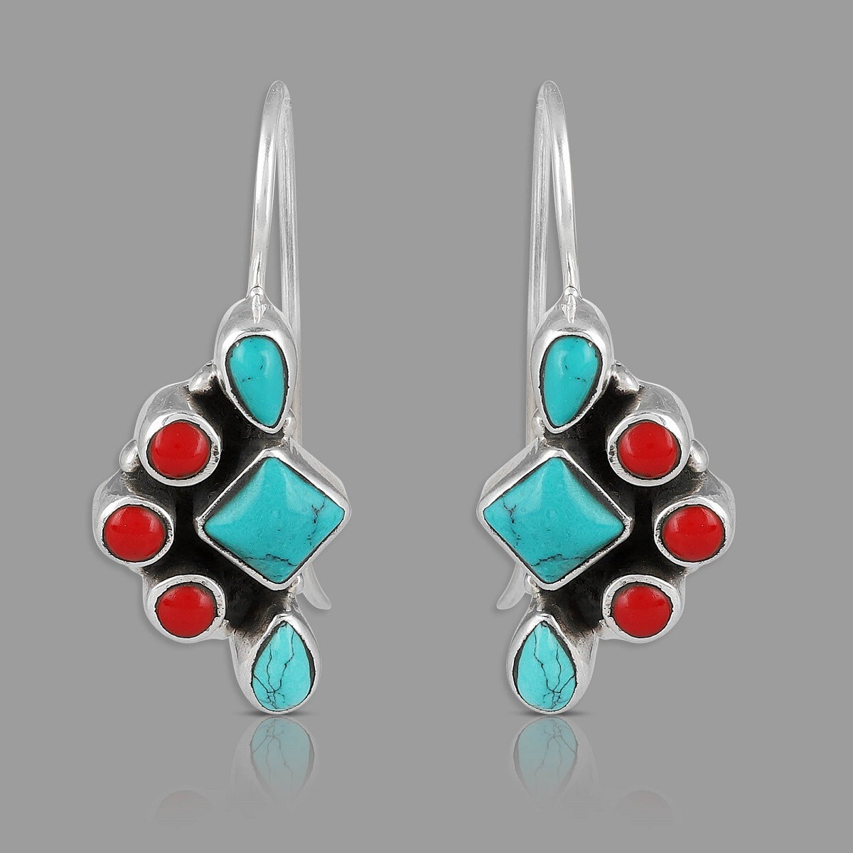 925 Sterling Silver Handmade Earrings Natural Turquoise & Coral Stone Earrings
