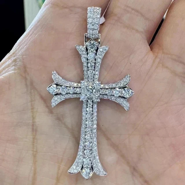 2 Ct Round Cut Real Moissanite Men’s Cross Pendant 14K White Gold Plated