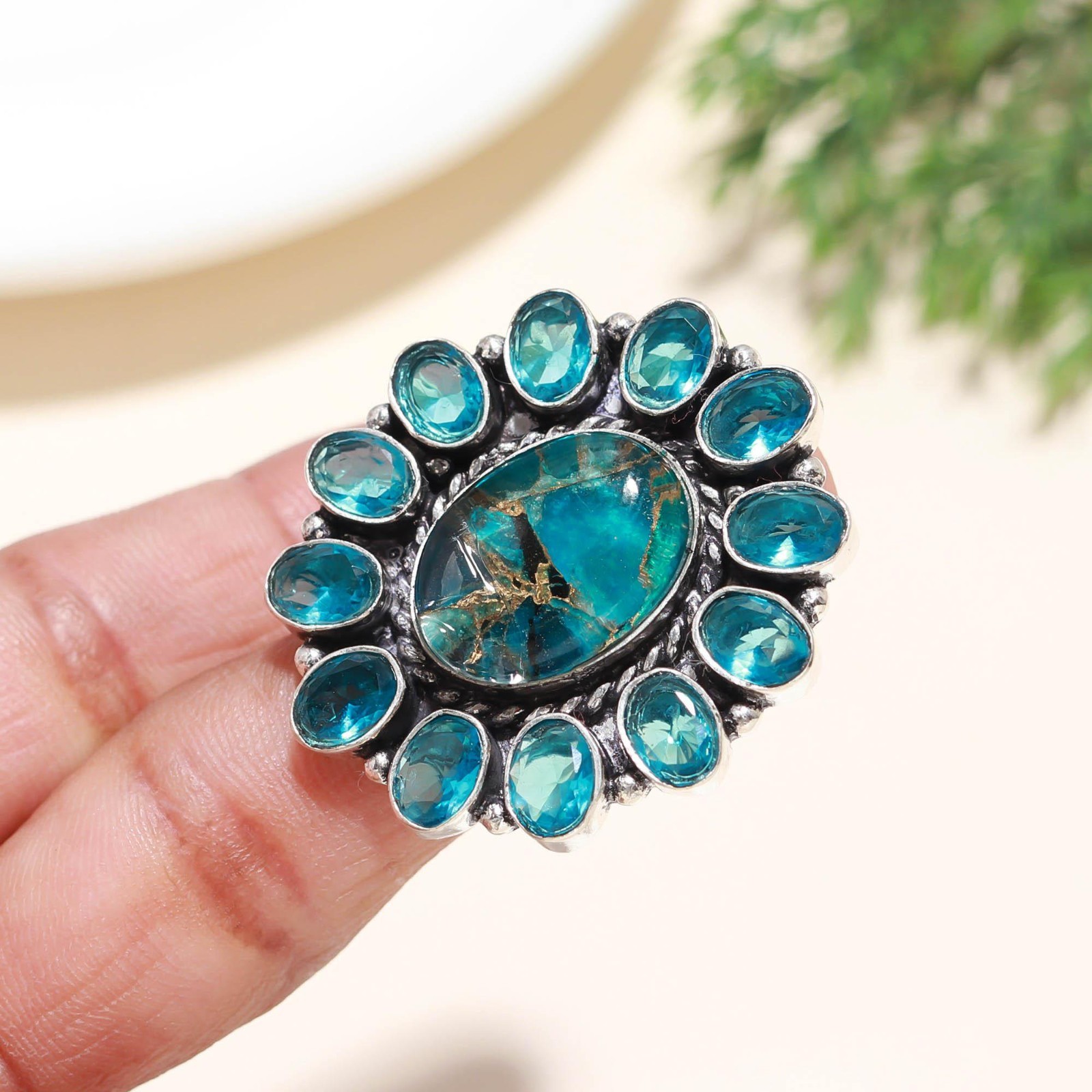 Blue Spiny Turquoise , Topaz Gemstone Handmade 925 Sterling Silver Ring