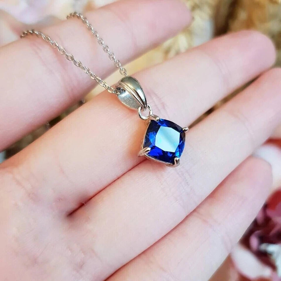 2 CT Cushion Solitaire Blue Sapphire Pendant With Free Chain 14K White Gold FN
